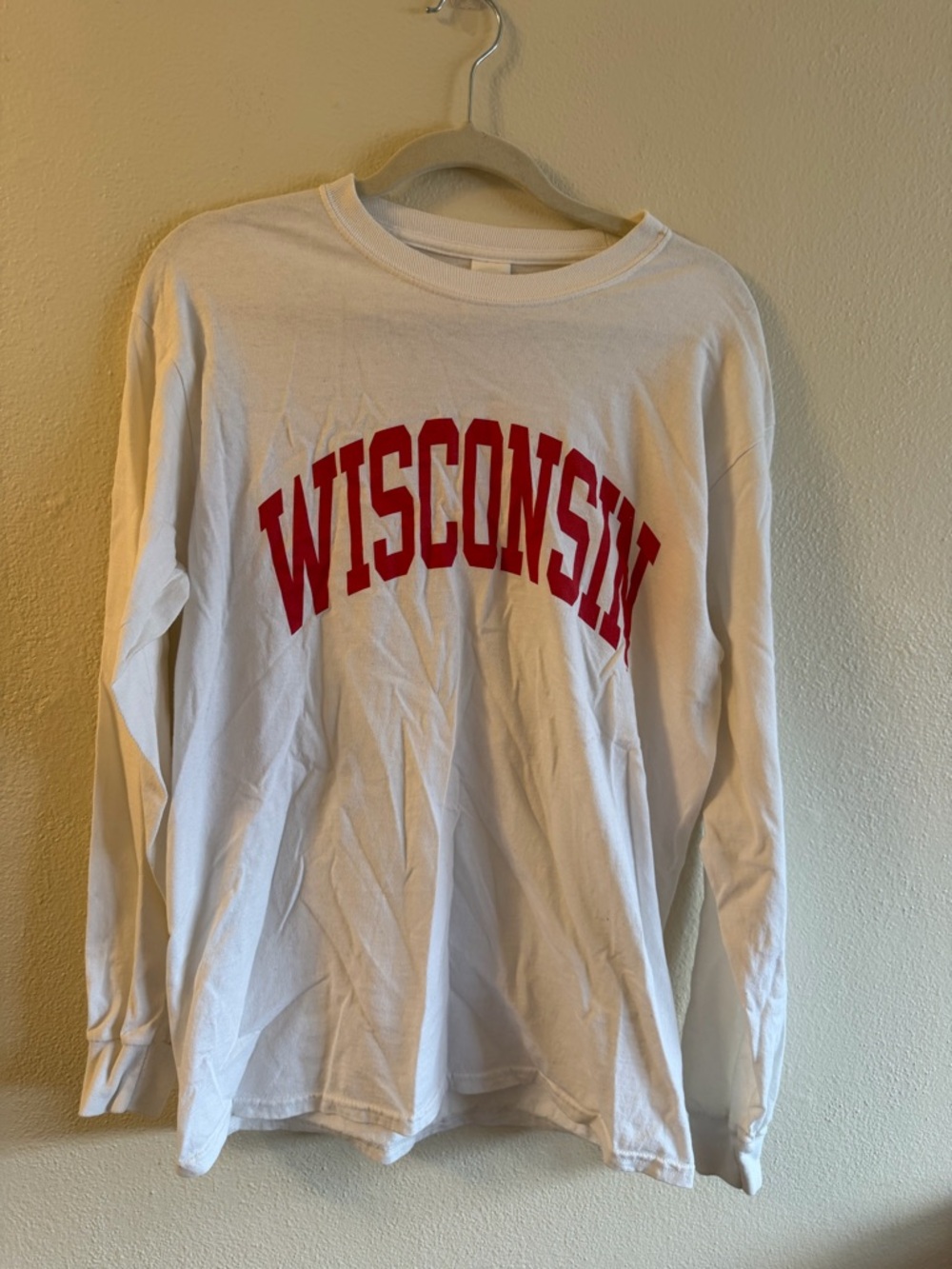 Gildan White Long-Sleeve Tee with Red Wisconsin Arch